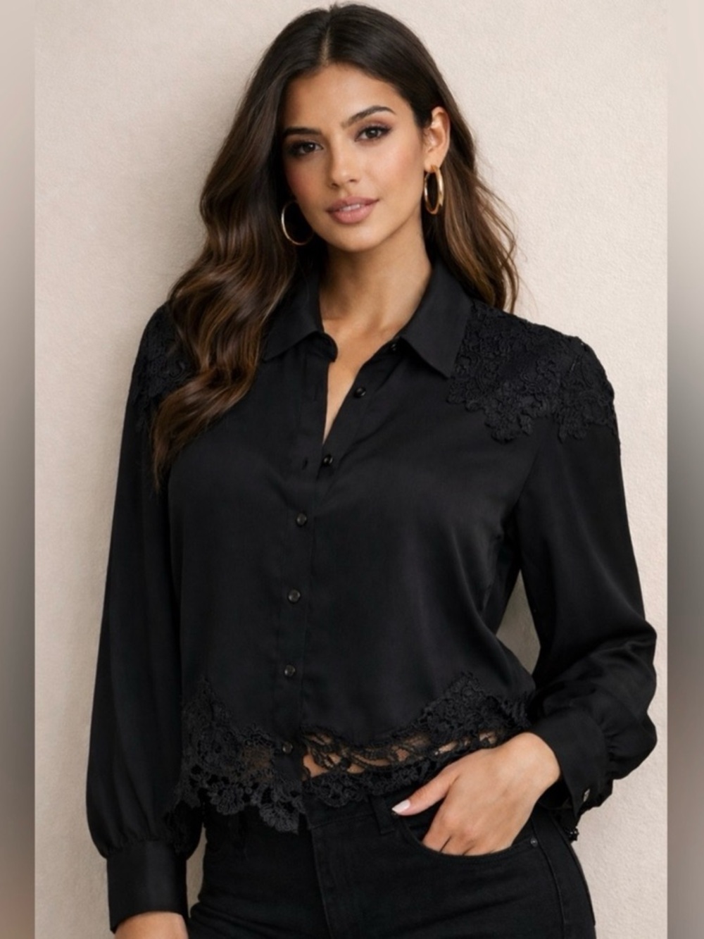 NWT💕Express Black Lace Detail Button Front Blouse Top Sheer Hem | Sz M